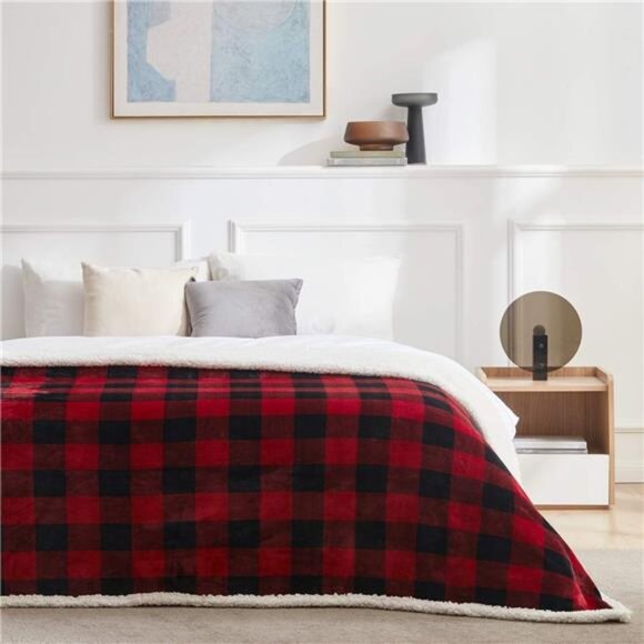 Touchat Sherpa Red and Black Buffalo Plaid Christmas Twin Blanket 60" X 70", - Picture 4 of 7